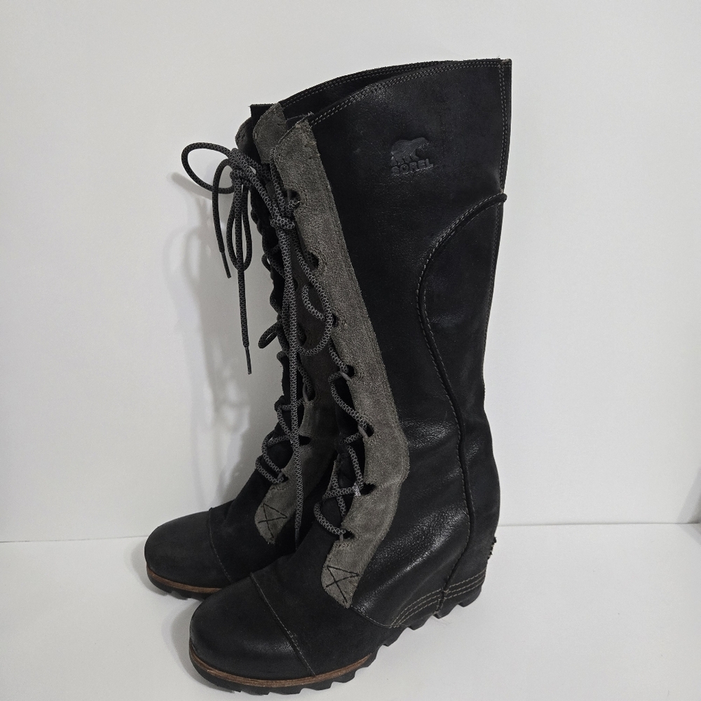 Sorel Cate the Great Wedge boot lace up leather black gray heel